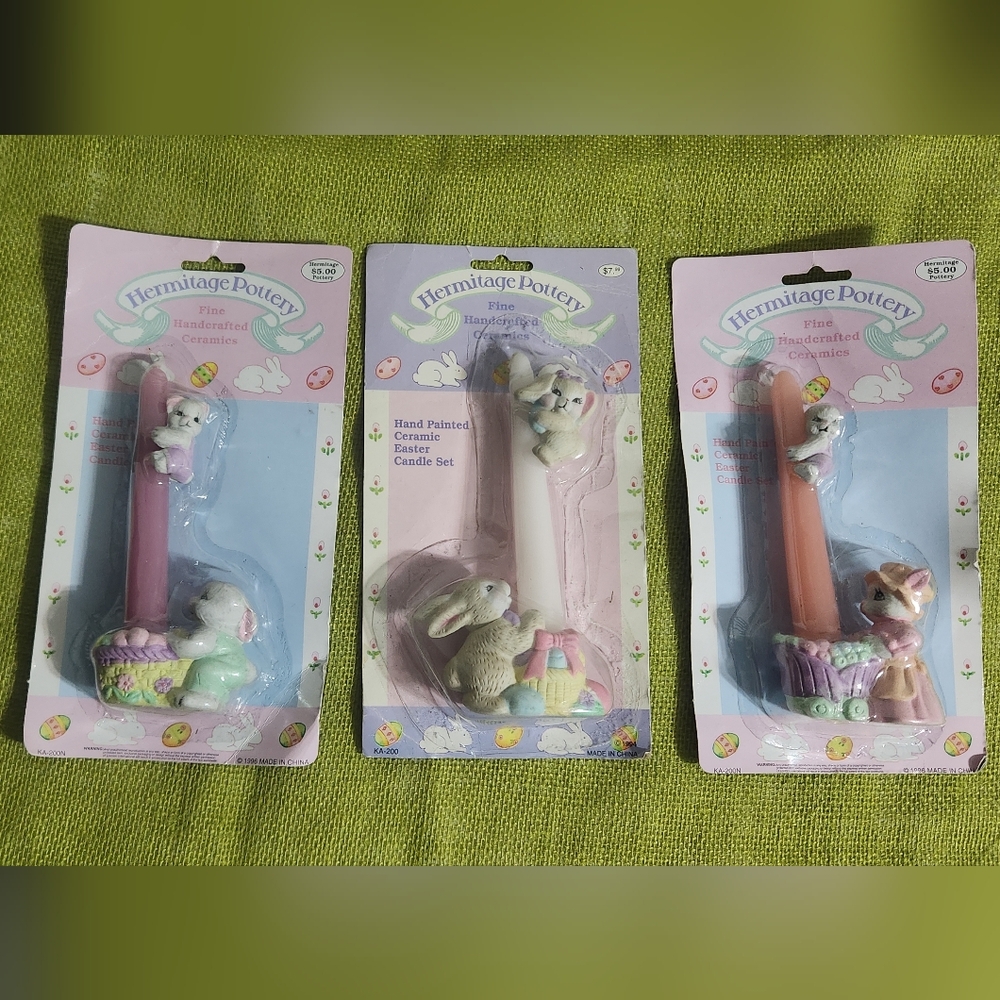 3 Hand-Painted Rabbit Candle Holder Set - Easter Bunny